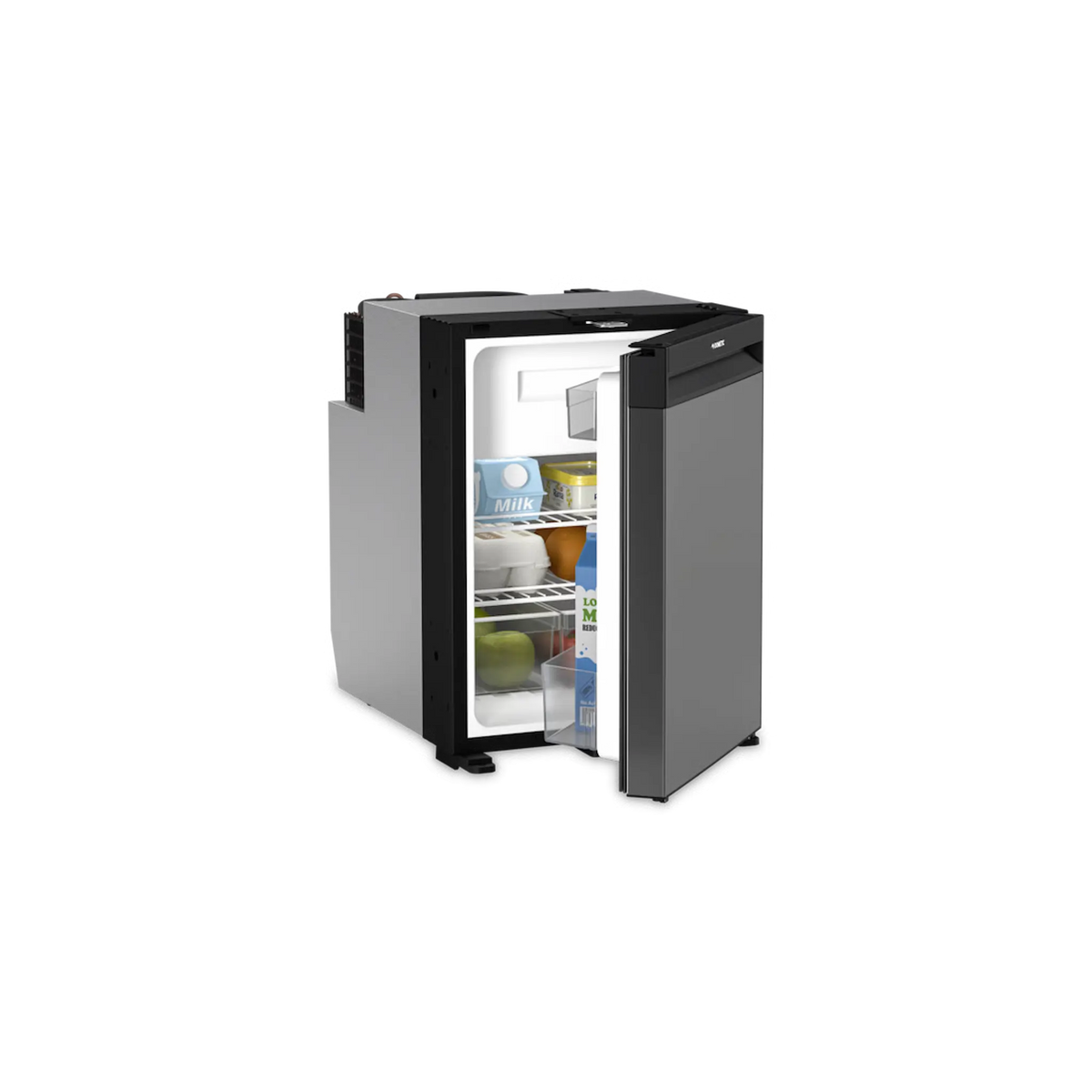 Dometic NRX 50 upright fridge front view with milk, fruit butter on the shelves and the grey door open.