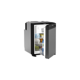 Dometic NRX 50 upright fridge front view with milk, fruit butter on the shelves and the grey door open.
