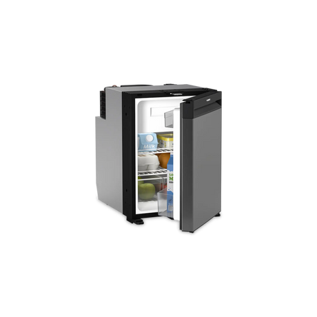 Dometic NRX 50 upright fridge front view with milk, fruit butter on the shelves and the grey door open.