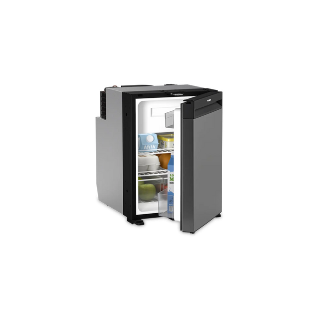 Dometic NRX 50 upright fridge front view with milk, fruit butter on the shelves and the grey door open.
