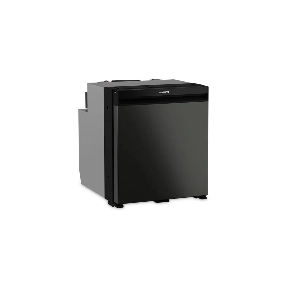 Dometic NRX 60 upright fridge closed front view with dark grey door and light grey side panel.