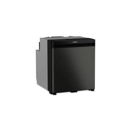 Dometic NRX 60 upright fridge closed front view with dark grey door and light grey side panel.
