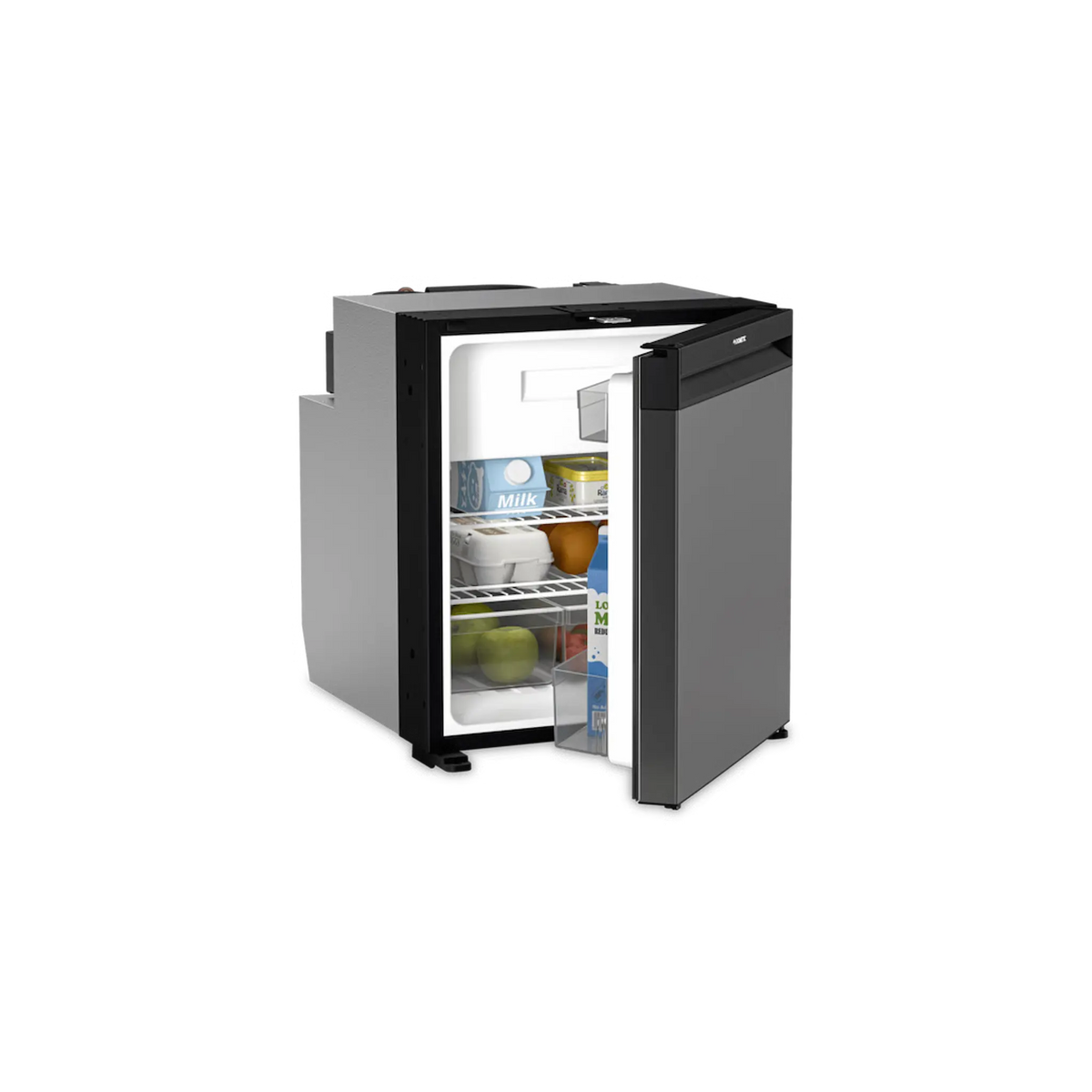 Dometic NRX 60 upright fridge open front view with food on the shelves and the grey door open.