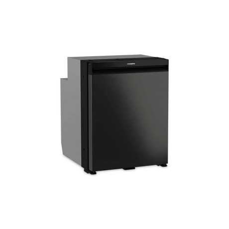 Dometic NRX 80 upright fridge closed front view with dark door handle and grey panel.
