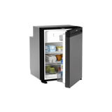 Dometic NRX 80 upright fridge open front view with stocked shelves and grey door.