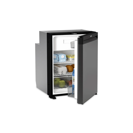 Dometic NRX 80 upright fridge open front view with stocked shelves and grey door.