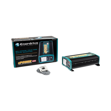 Enerdrive 1000W 12V ePOWER inverter beside its box and wired remote control with a coiled grey cable.