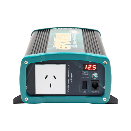 Enerdrive 1000W 12V ePOWER inverter front panel with an AC socket, digital display, USB port and remote port.