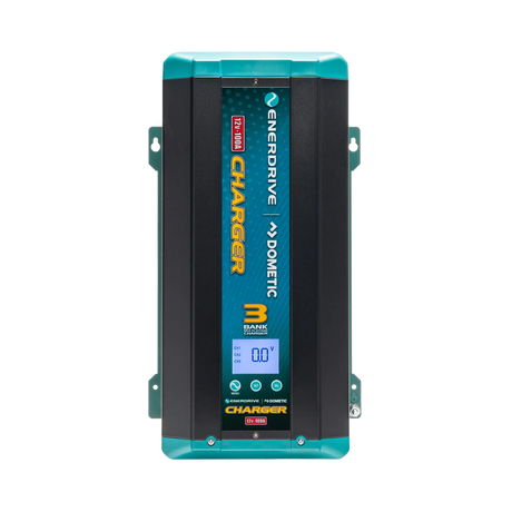 Enerdrive 100A 12V ePOWER battery charger front view with a backlit display and three control buttons.