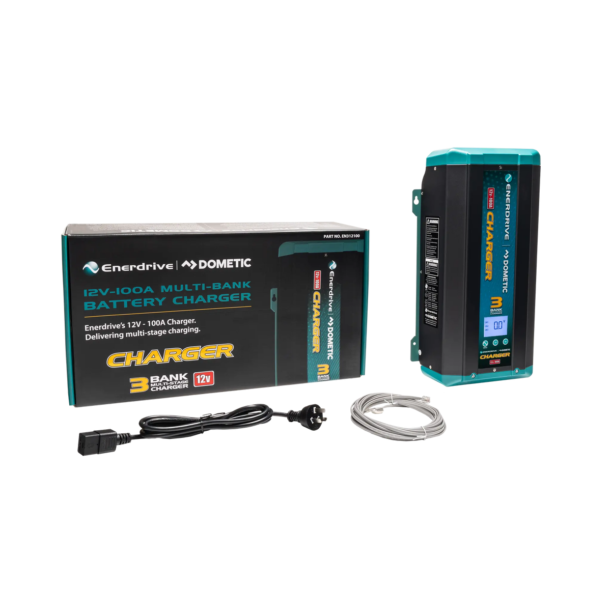 Enerdrive 100A 12V ePOWER battery charger beside its box, black power cord and coiled grey cable.