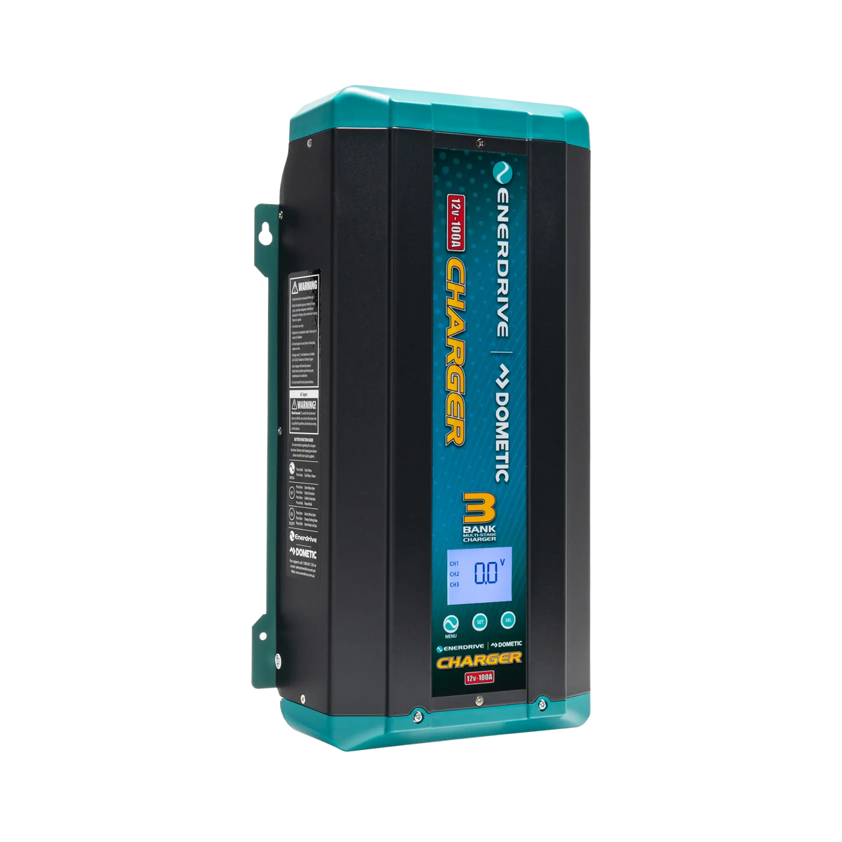 Enerdrive 100A 12V ePOWER battery charger in a front left view with its side label and digital display visible.