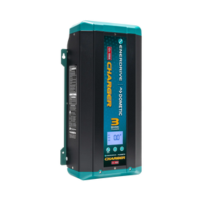 Enerdrive 100A 12V ePOWER battery charger in a front left view with its side label and digital display visible.