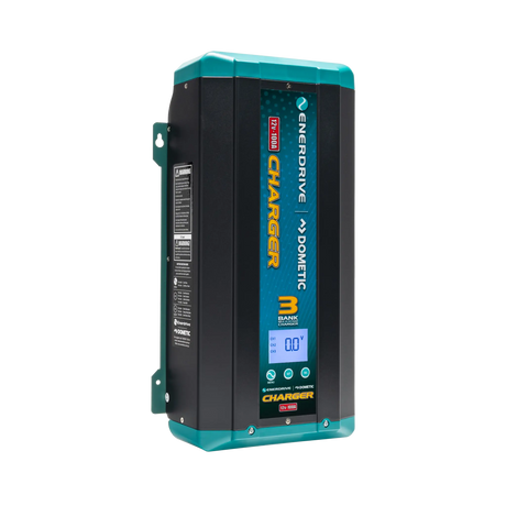 Enerdrive 100A 12V ePOWER battery charger in a front left view with its side label and digital display visible.