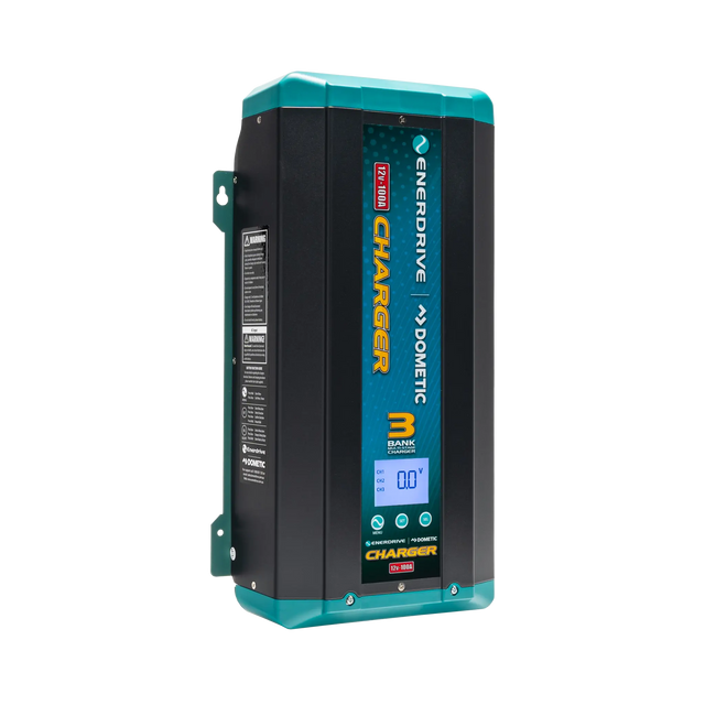 Enerdrive 100A 12V ePOWER battery charger in a front left view with its side label and digital display visible.