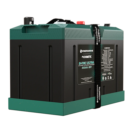 Enerdrive 100Ah 12V B-TEC Ultra G3 lithium battery front left view with a recessed side handle.