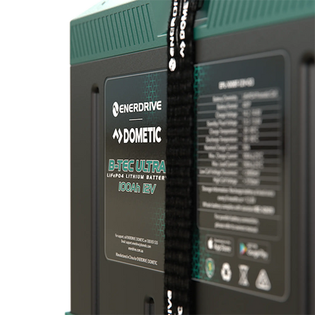 Enerdrive 100Ah 12V B-TEC Ultra G3 lithium battery front specifications label close up beside the carry strap.