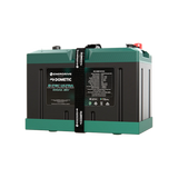 Enerdrive 100Ah 12V B-TEC Ultra G3 lithium battery front right view with a black carry strap and green case edging.