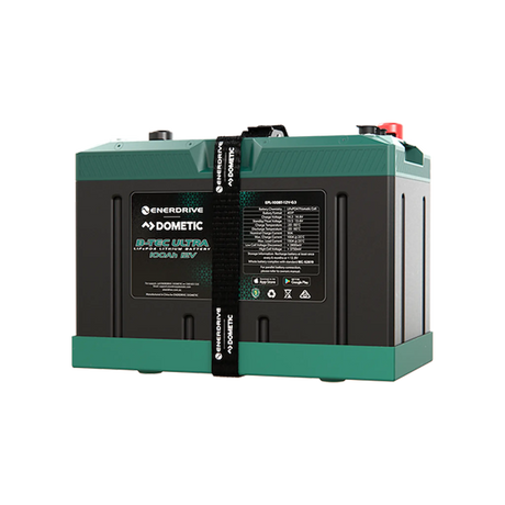 Enerdrive 100Ah 12V B-TEC Ultra G3 lithium battery front right view with a black carry strap and green case edging.