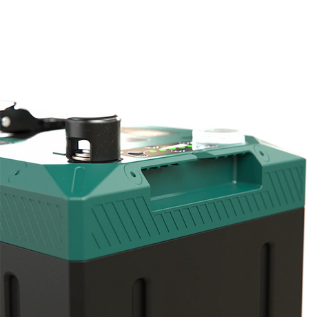 Enerdrive 100Ah 12V B-TEC Ultra G3 lithium battery negative terminal close up above the recessed handle.