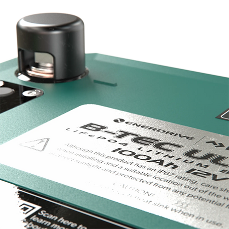 Enerdrive 100Ah 12V B-TEC Ultra G3 lithium battery top specifications label close up beside the negative terminal.