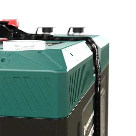 Enerdrive 100Ah 12V B-TEC Ultra G3 lithium battery top corner close up with moulded ridges and the carry strap.