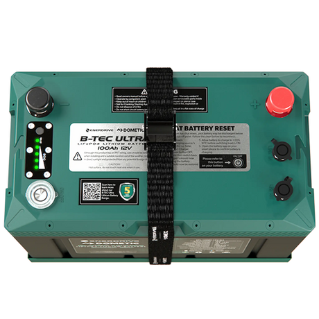 Enerdrive 100Ah 12V B-TEC Ultra G3 lithium battery top view with positive and negative terminals and charge lights.