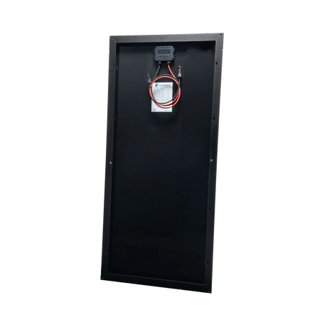 Enerdrive 100W 12V solar panel rear view with a black backing, junction box and positive and negative leads.