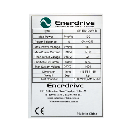 Enerdrive 100W 12V solar panel specifications label listing electrical ratings, dimensions and weight.