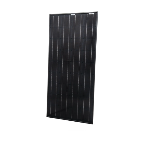 Enerdrive 100W 12V glass solar panel in an angled front view with solar cells and a black frame.