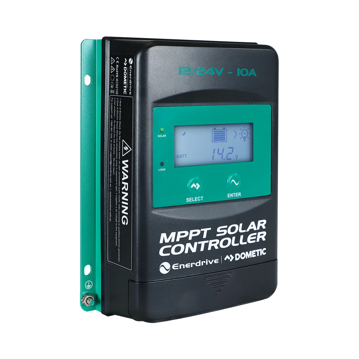 Enerdrive 10A 12/24V MPPT solar controller front left view with an illuminated display and green mounting plate.