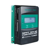 Enerdrive 10A 12/24V MPPT solar controller front left view with an illuminated display and green mounting plate.
