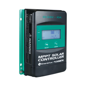 Enerdrive 10A 12/24V MPPT solar controller front left view with an illuminated display and green mounting plate.