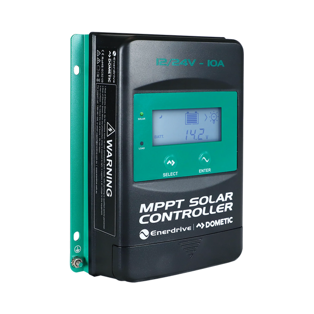 Enerdrive 10A 12/24V MPPT solar controller front left view with an illuminated display and green mounting plate.