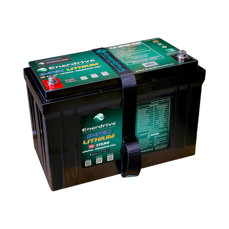 Enerdrive 125Ah 12V B-TEC G2 lithium battery in a front left view with a black strap across the green label.