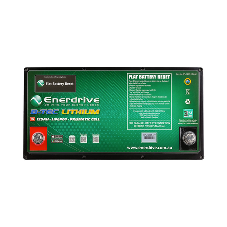 Enerdrive 125Ah 12V B-TEC G2 battery top view with positive and negative terminals and a flat battery reset button.