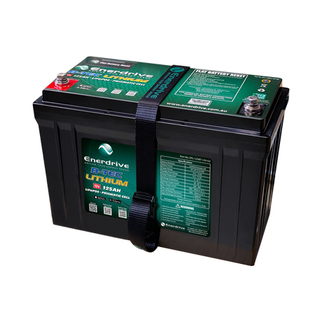 Enerdrive 125Ah 12V B-TEC G2 lithium battery in a front right view with top terminals visible.