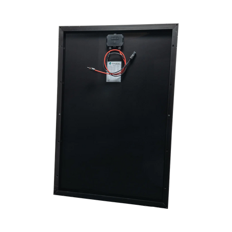 Enerdrive 150W 12V solar panel rear view with a black backing, junction box and positive and negative leads.