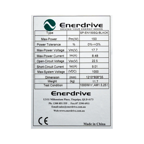 Enerdrive 150W 12V solar panel specifications label listing electrical ratings, dimensions and weight.