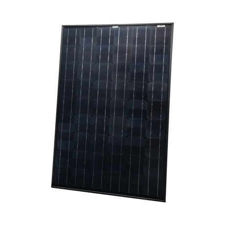 Enerdrive 150W 12V glass solar panel in an angled front view with solar cells and a black frame.