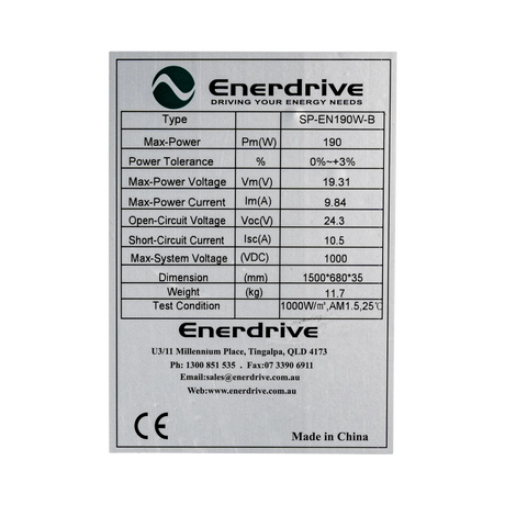 Enerdrive 190W 12V solar panel specifications label listing electrical ratings, dimensions and weight.