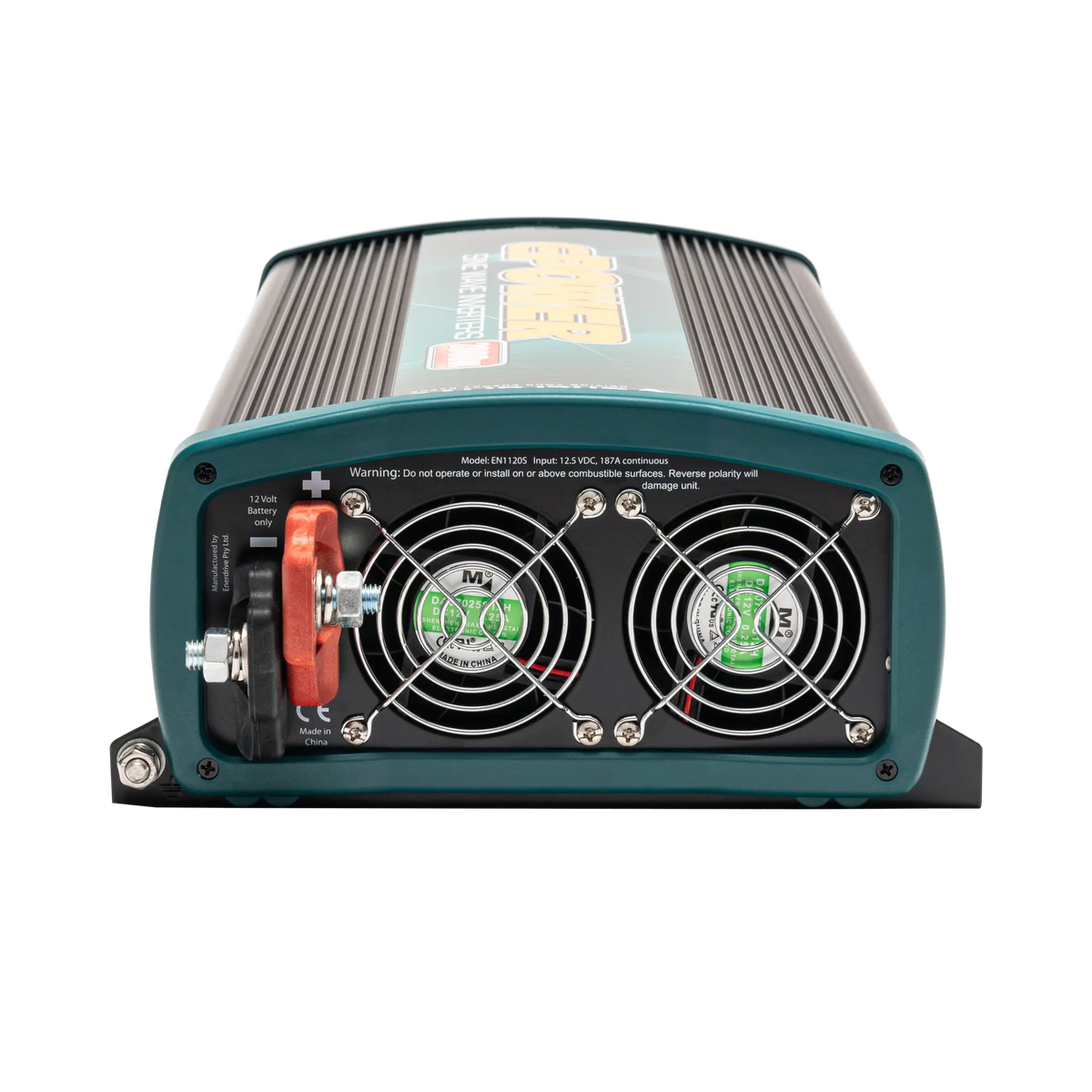 Enerdrive 2000W 12V ePOWER inverter rear view with twin cooling fans and positive and negative battery terminals.