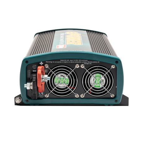 Enerdrive 2000W 12V ePOWER inverter rear view with twin cooling fans and positive and negative battery terminals.