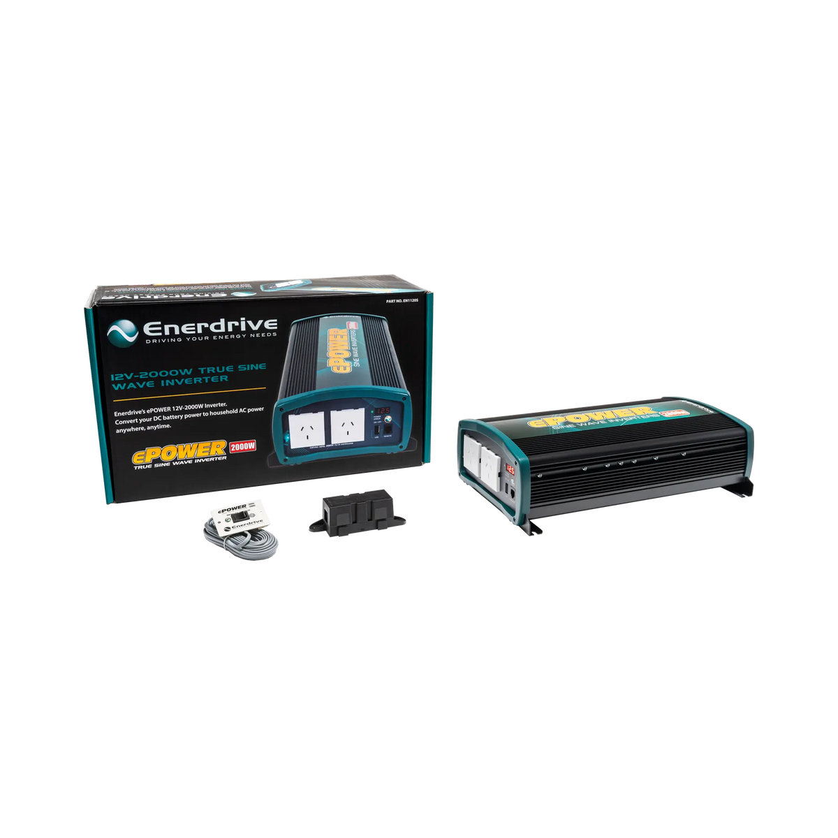 Enerdrive 2000W 12V ePOWER inverter beside its box and wired remote control with a coiled grey cable.