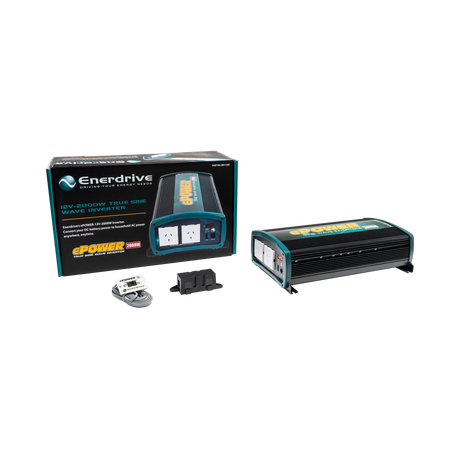 Enerdrive 2000W 12V ePOWER inverter beside its box and wired remote control with a coiled grey cable.