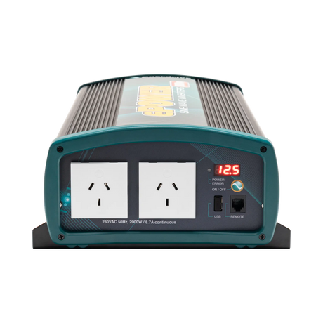 Enerdrive 2000W 12V ePOWER inverter front panel with twin AC sockets, a digital display, USB port and remote port.