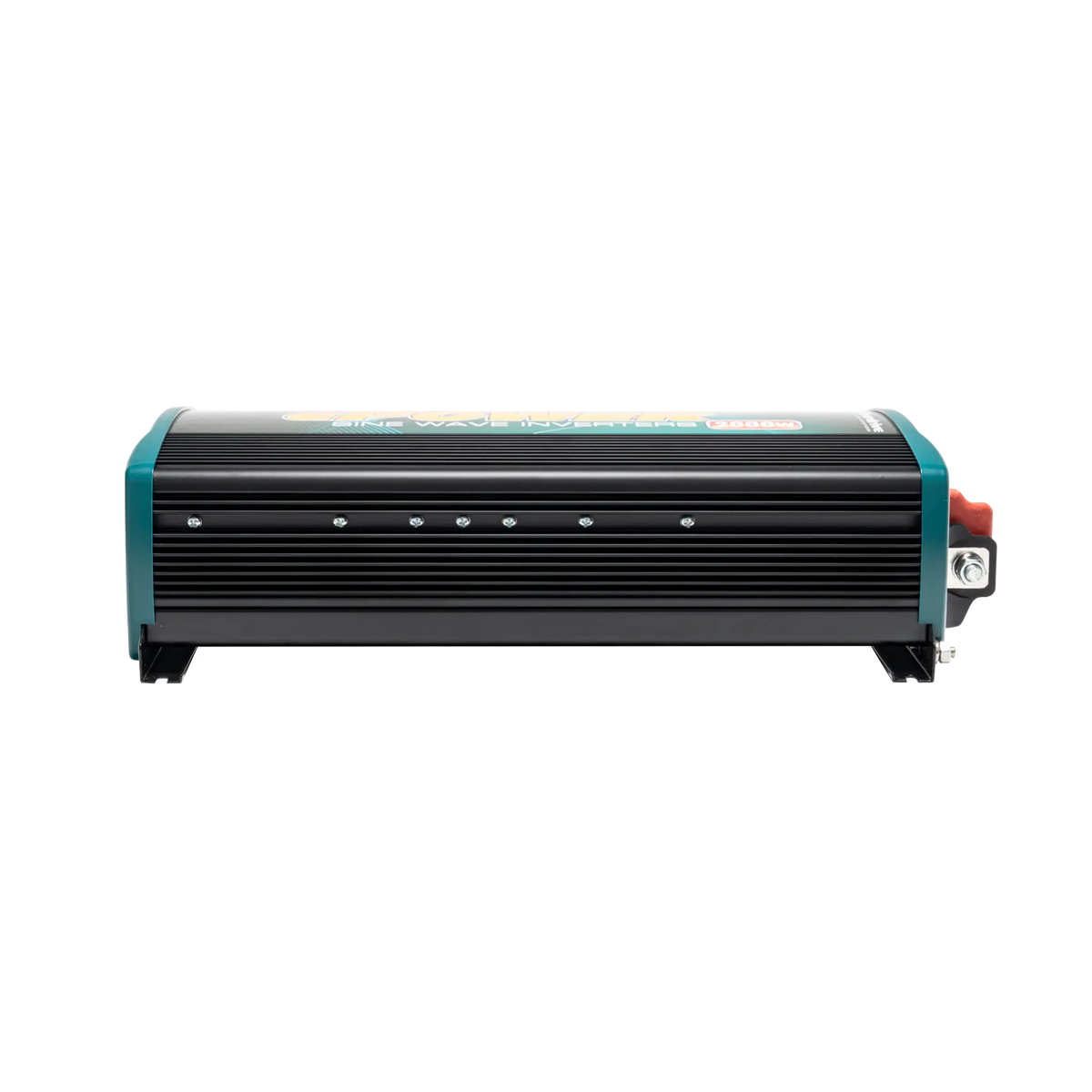 Enerdrive 2000W 12V ePOWER inverter side view with a ribbed black housing, ventilation slots and mounting feet.