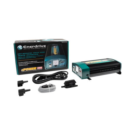Enerdrive 2000W ePOWER inverter with AC transfer beside its box, power cord, grey cable and plug connectors.