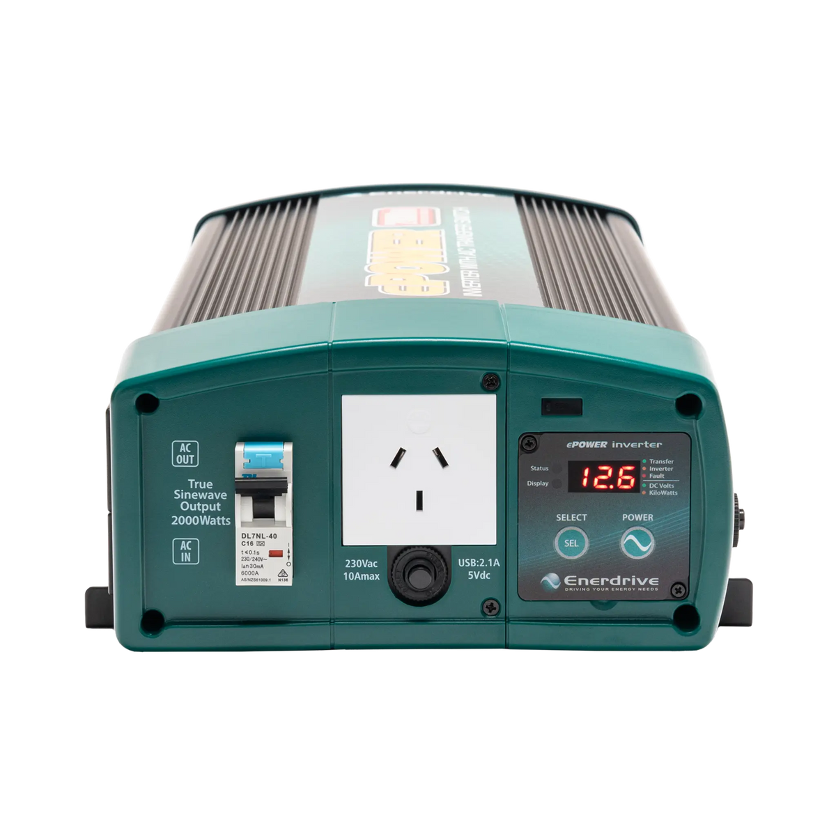 Enerdrive 2000W ePOWER inverter front panel with a safety switch, AC socket, USB port and digital display.