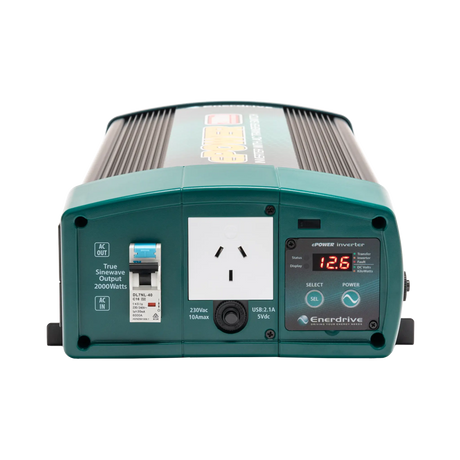 Enerdrive 2000W ePOWER inverter front panel with a safety switch, AC socket, USB port and digital display.