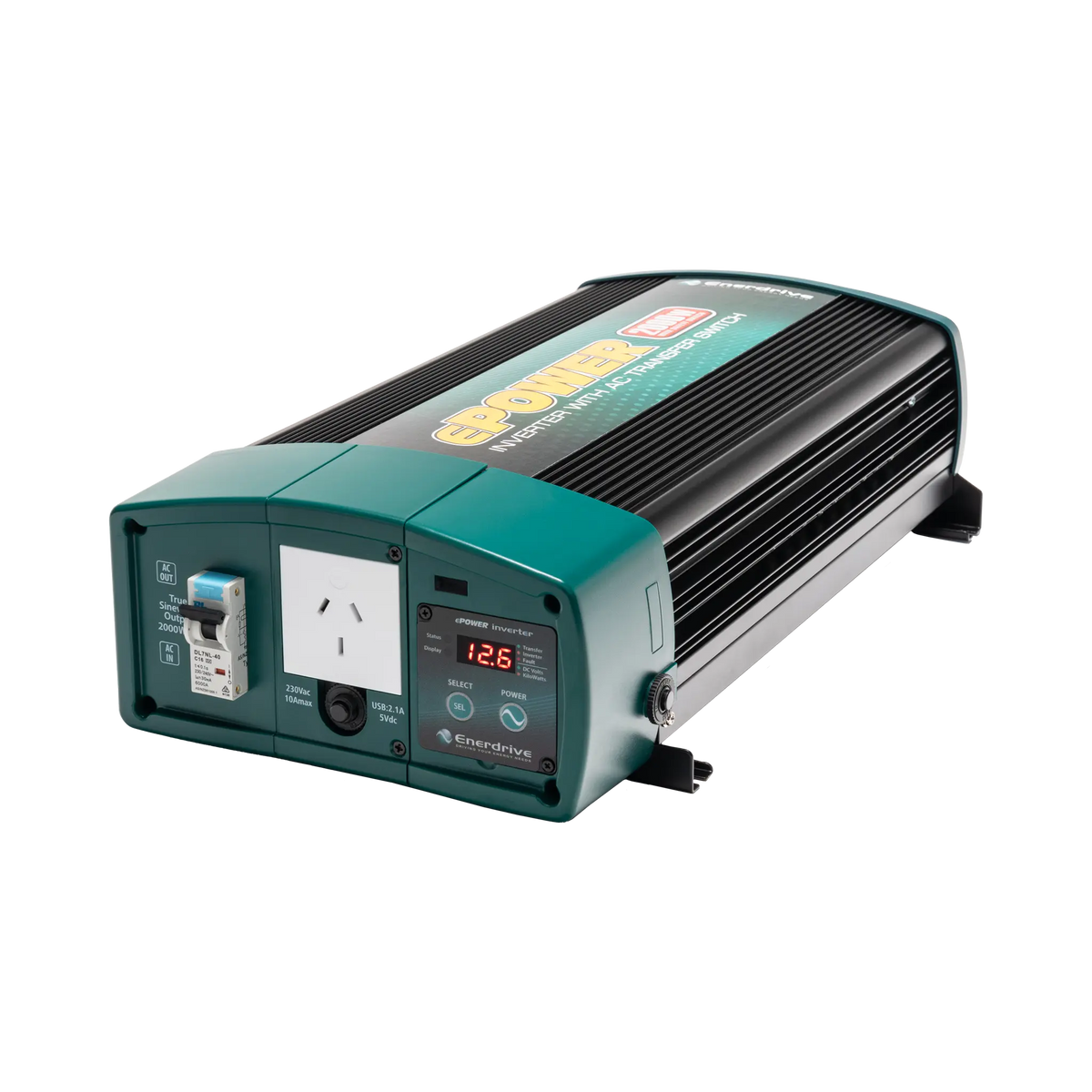 Enerdrive 2000W ePOWER inverter with AC transfer in a front right view, with a socket and safety switch visible.